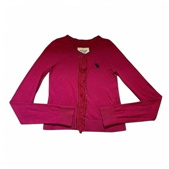 Vintage y2k Abercrombie & Fitch Women's Small Cardigan Sweater Pink Fringe - Picture 1 of 6